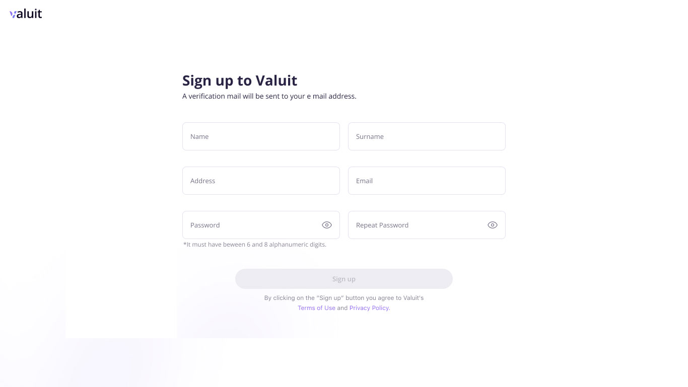 Sign-up and Create an account with Valuit.